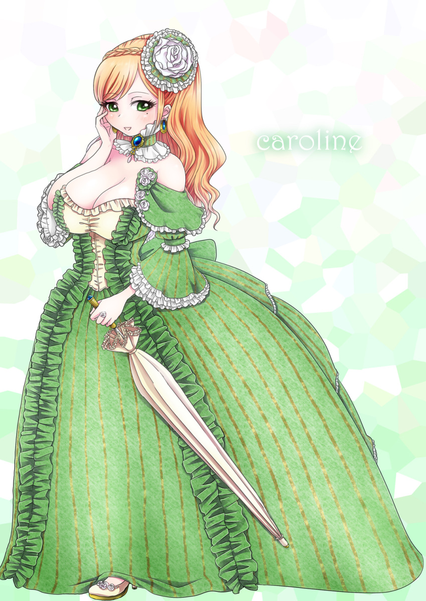 beauty_mark blush braid breasts brooch character_name choker cleavage dress earrings english female flower formal green_eyes high_heels highres huge_breasts jewelry long_hair mole open_mouth orange_hair original ring shoes sinkaikiiro smile umbrella