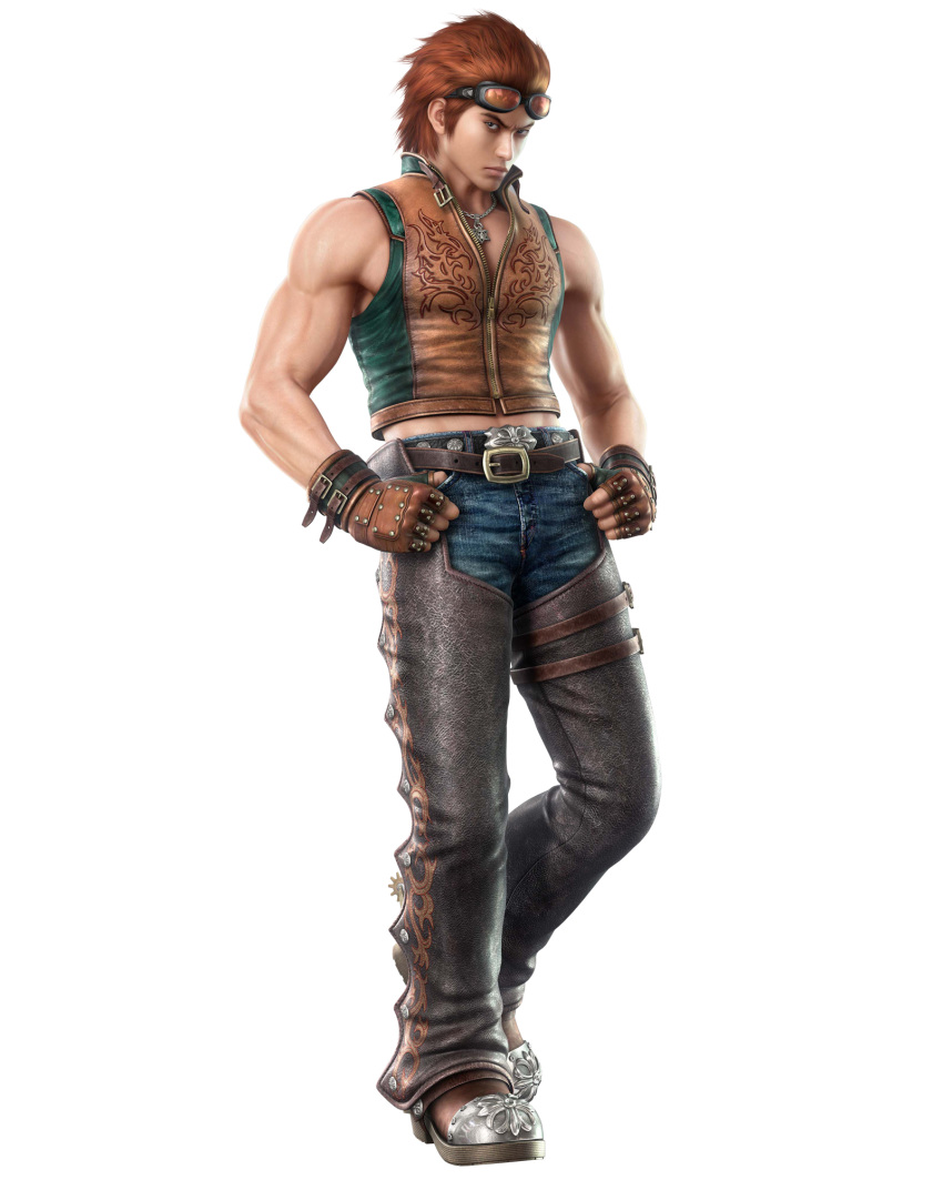 3d belt boots fingerless_gloves frown gloves goggles highres hwoarang leather male male_focus muscle namco official_art red_hair simple_background sleeveless tekken tekken_6 vest