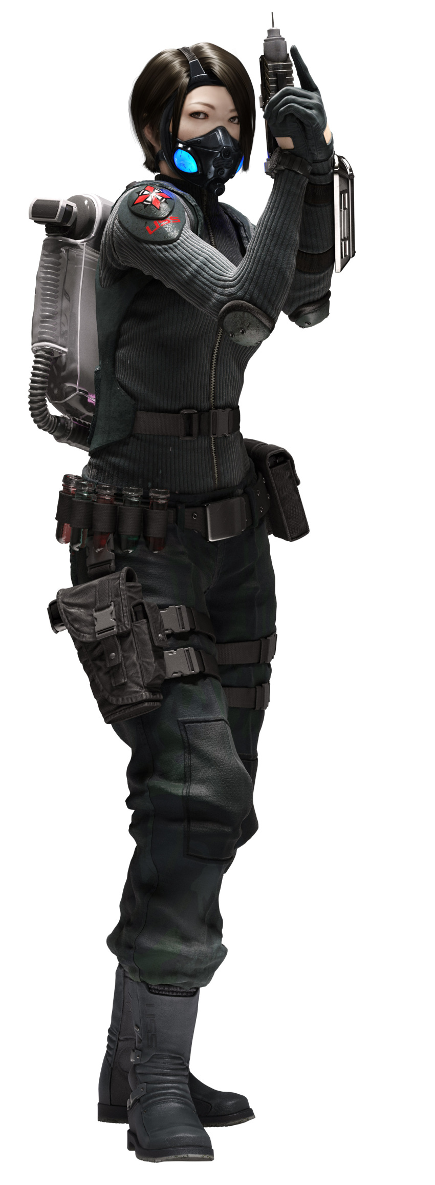 absurdres belt breasts brown_eyes brown_hair capcom christine_yamata female gas_mask gun highres large_breasts long_image resident_evil resident_evil_operation_raccoon_city rifle short_hair solo sweater tall_image weapon