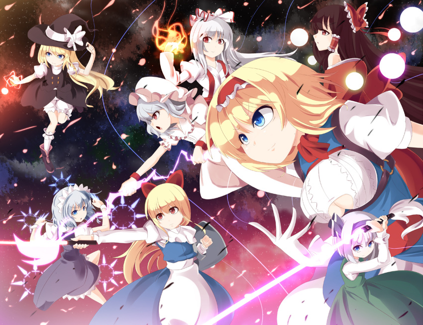 6+girls alice_margatroid blonde_hair blue_eyes blue_hair bob_cut bow braid breasts brown_eyes brown_hair cleavage cleavage_cutout clothing_cutout commentary_request danmaku dress frills fujiwara_no_mokou grey_hair hair_ribbon hairband hairbow hakurei_reimu hat izayoi_sakuya kirisame_marisa knife konpaku_youmu long_hair maid_headdress medium_breasts meracle multiple_girls photoshop_(medium) red_eyes ribbon shanghai_doll short_hair small_breasts suspenders sword touhou weapon witch_hat