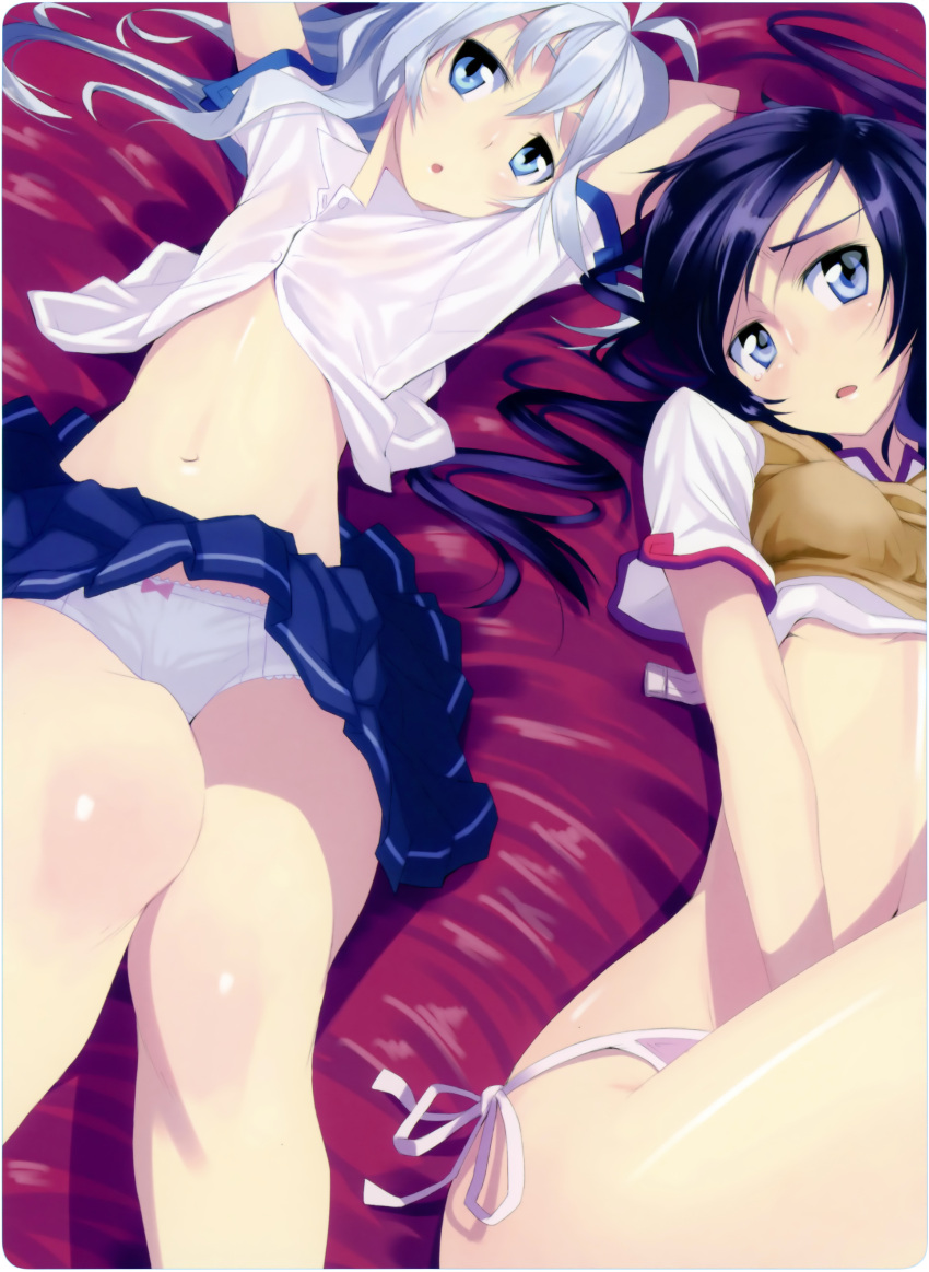 2girls absurdres arms_up blue_eyes blue_hair bow bow_panties bra goshujin-sama_wa_yamaneko-hime highres kasuga_ayumu_(haruhipo) lingerie looking_at_viewer lying multiple_girls navel on_back open_clothes open_mouth open_shirt panties pantyshot photoshop_(medium) school_uniform shirt side-tie_panties silver_hair skirt string_panties unbuttoned underwear upskirt vest white_bra white_panties