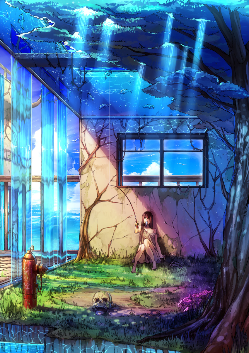 acid_trip barefoot black_hair blue_theme brown_hair bug butterfly commentary_request dress eating fantasy female fire_hydrant fish fishing fishing_rod flower food fruit grass highres irohara_mitabi long_hair mouth_hold ocean off_shoulder orange_(fruit) original plant scenery sitting skull sky solo sunlight surreal tree upside-down vines water waterfall window