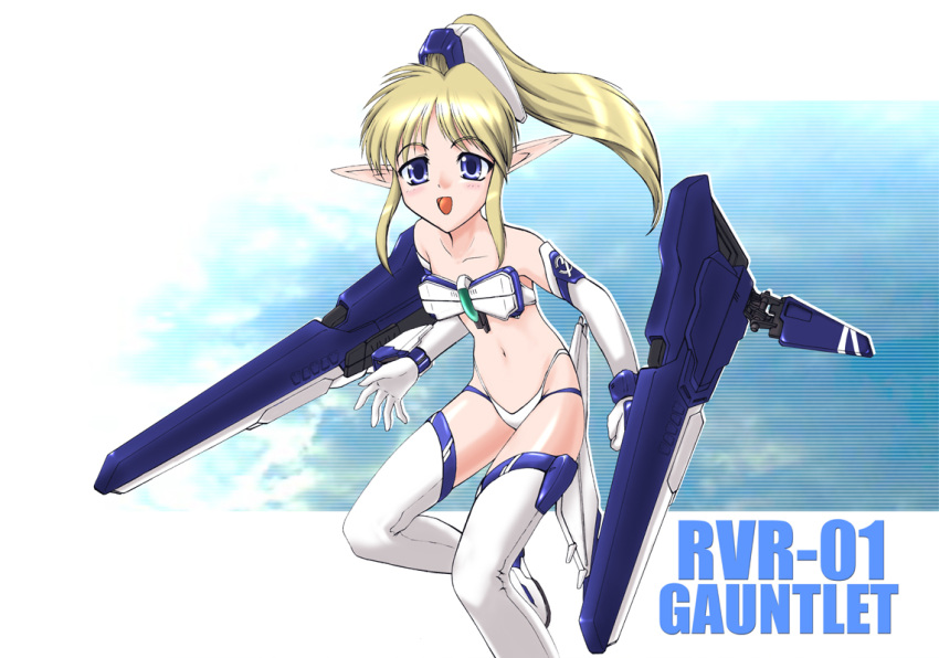 bare_shoulders bikini blonde_hair blue_eyes blush boots commentary_request elbow_gloves female gloves highleg highleg_bikini highleg_swimsuit long_hair mecha_musume midriff mochizuki_kazuto navel personification pointy_ears ponytail rvr-01_gauntlet solo swimsuit thigh_boots thighhighs thunder_force white_bikini white_gloves white_thighhighs