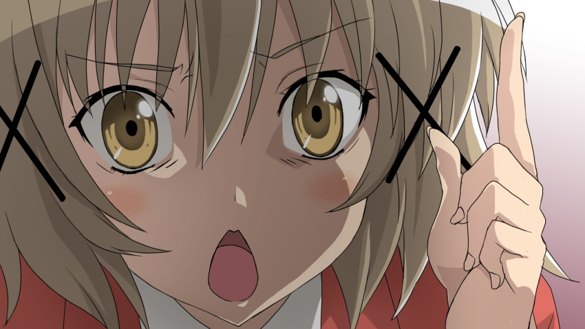 :o asumi_kana blonde_hair close-up commentary_request female hair_ornament hairclip haiyore!_nyaruko-san hidamari_sketch highres open_mouth parody rokko short_hair solo style_parody voice_actor_connection x_hair_ornament yellow_eyes yuno_(hidamari_sketch)