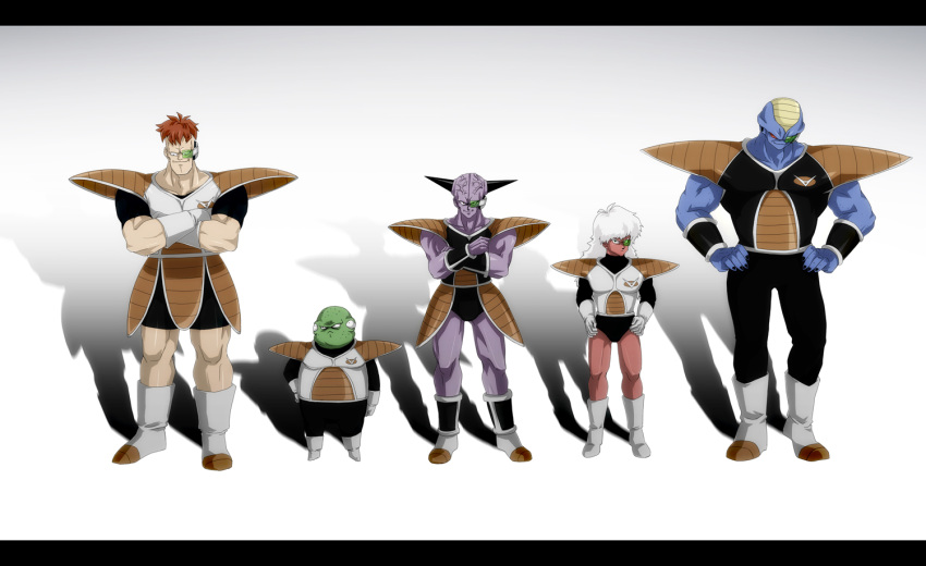 5boys armor blue_skin boots brown_hair burter captain_ginyu colored_skin commentary_request crossed_arms dragon_ball dragon_ball_z ghost_in_the_shell_lineup ginyu_force gloves green_skin guldo hands_on_own_hips jeice letterboxed lineup long_hair looking_at_viewer looking_down looking_up multiple_boys photoshop_(medium) purple_skin recoome red_eyes red_skin saiyan_armor scouter shadow smile tansan_otoko white_hair wristband