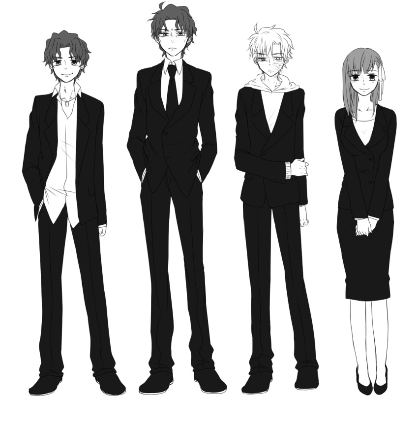 3boys ahoge brothers commentary_request fate/stay_night fate/zero fate_(series) father_and_son female formal greyscale highres hood hoodie long_hair matou_byakuya matou_kariya matou_sakura matou_shinji monochrome multiple_boys necktie ribbon ronpaxronpa short_hair siblings skirt suit time_paradox uncle_and_nephew uncle_and_niece wavy_hair