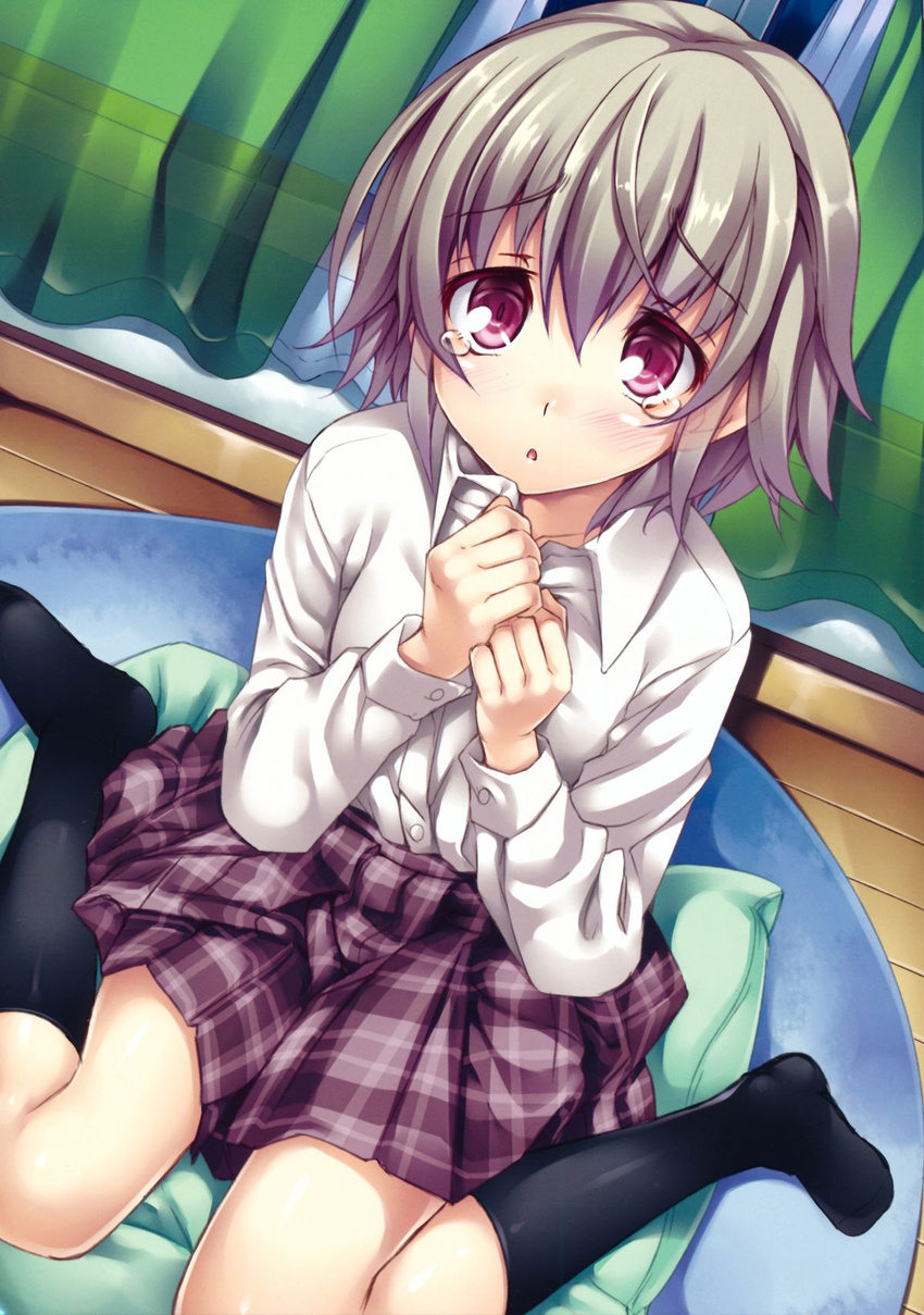 accel_world black_socks blush female grey_hair highres ichijou_hitoshi kneehighs kusakabe_rin looking_at_viewer open_mouth purple_eyes shiny_skin sitting skirt socks solo tears