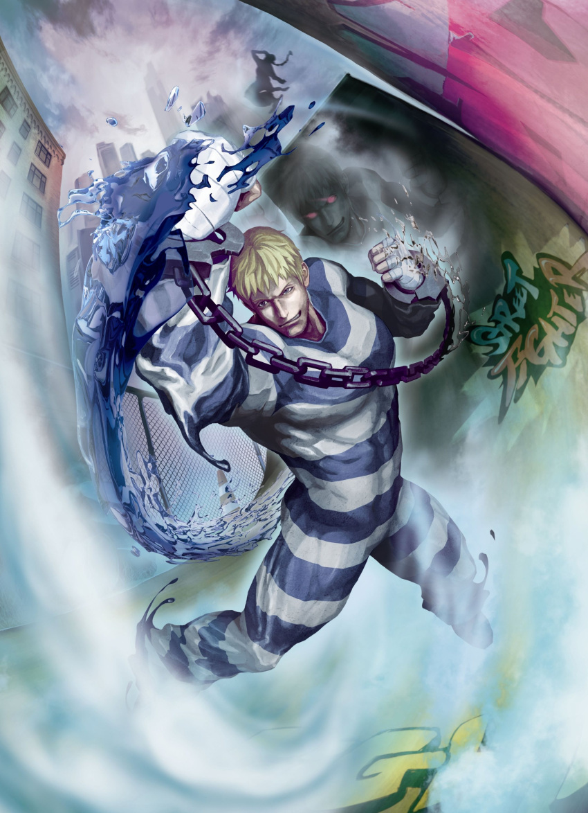 absurdres blonde_hair capcom chains cody cody_travers highres male male_focus official_art prison_clothes short_hair street_fighter street_fighter_x_tekken