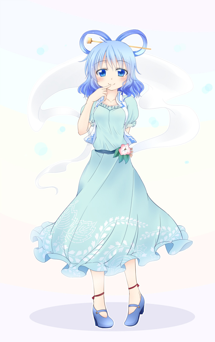 bad_id bad_pixiv_id blue_dress blue_eyes blue_hair blush dress female hair_ornament hair_rings hair_stick highres kaku_seiga makino_(ukiuo) shawl short_hair smile solo touhou vest