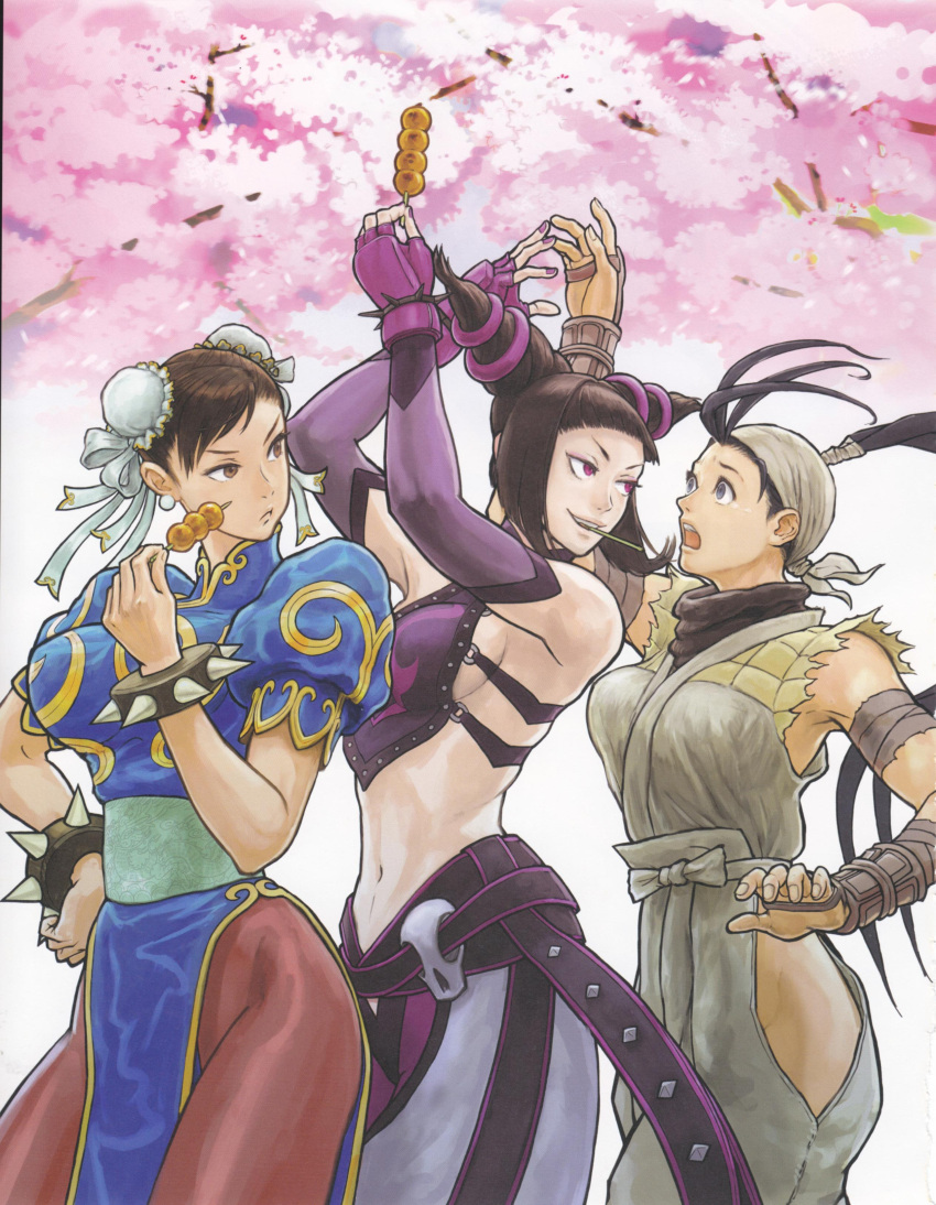 3girls absurdres ahoge artbook belt breasts bun_cover capcom cherry_blossoms china_dress chinese_clothes chun-li dango double_bun dress elbow_gloves fingerless_gloves food gloves hair_bun hairbuns highres ibuki ibuki_(street_fighter) juri_han mitarashi_dango multiple_girls ninja nishimura_kinu official_art pantyhose scan sideboob street_fighter street_fighter_iii street_fighter_iv teasing tree wagashi