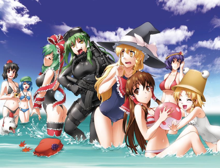 6+girls :d ^_^ ak-74 aki_minoriko aki_shizuha ass assault_rifle ball beachball bikini black_hair blonde_hair blush braid breasts camera cleavage closed_eyes cloud commentary_request covered_navel day diving_mask diving_mask_on_head diving_suit frogman goggles goggles_on_head green_hair gun hakurei_reimu hat henshako highres inubashiri_momiji inubashiri_momiji_(wolf) kagiyama_hina kalashnikov_rifle kawashiro_nitori kirisame_marisa kochiya_sanae large_breasts long_hair moriya_suwako mountain_of_faith multiple_girls navel o-ring o-ring_bottom o-ring_top one-piece_swimsuit open_mouth photoshop_(medium) purple_hair rebreather red_eyes rifle school_swimsuit shameimaru_aya shiny_skin short_hair sitting sky smile strap_gap swimsuit thigh_gap thighhighs tokin_hat touhou trigger_discipline underboob weapon white_one-piece_swimsuit wolf yasaka_kanako yellow_eyes yin_yang