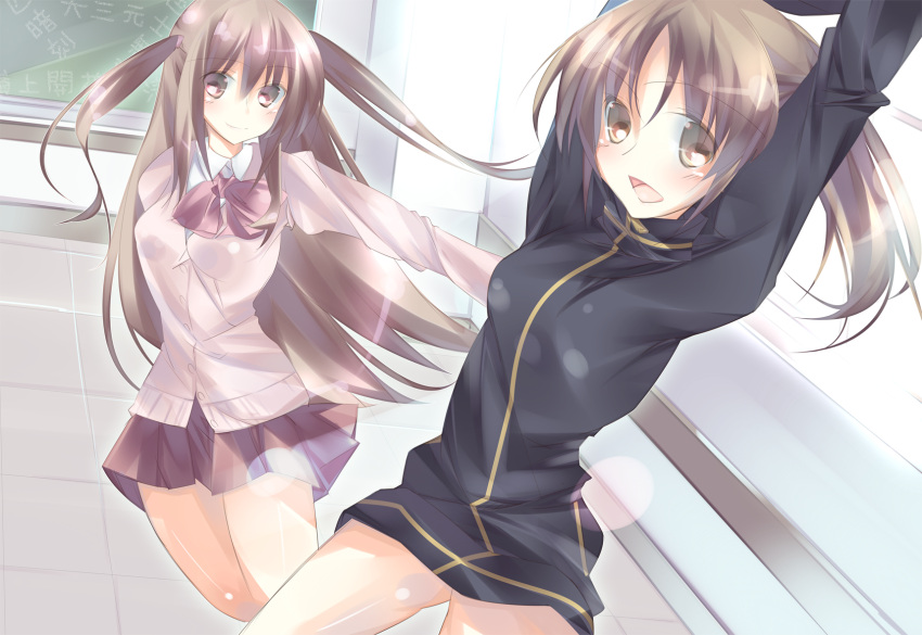 2girls achiga_school_uniform ass_visible_through_thighs atarashi_ako bare_legs bottomless brown_eyes brown_hair cardigan commentary_request highres jacket long_hair long_sleeves multiple_girls naked_jacket no_panties no_pants ponytail ribbon saki_(manga) saki_achiga-hen school_uniform skirt souyoku takakamo_shizuno track_jacket two_side_up