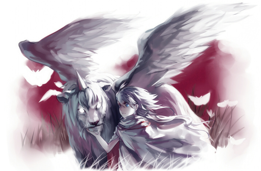 bad_id bad_pixiv_id blue_eyes bug cape female grass hand_on_own_head horns long_hair monster moth pixiv_fantasia pixiv_fantasia_sword_regalia rifsom single_horn solo white_hair wind wings