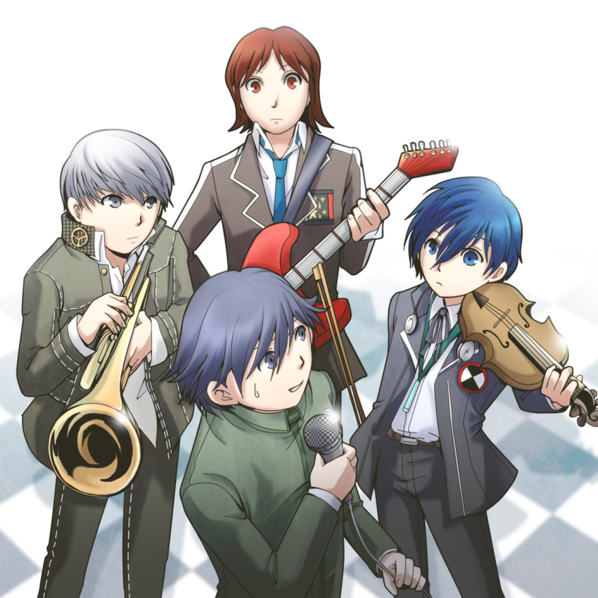 4boys band black_jacket black_neckwear black_pants black_ribbon blazer blue_eyes blue_hair blue_neckwear brown_eyes brown_hair checkered_floor closed_mouth collared_shirt commentary_request digital_media_player dress_shirt electric_guitar gekkoukan_high_school_uniform grey_eyes grey_hair guitar headphones headphones_around_neck highres holding holding_instrument holding_microphone holding_violin instrument jacket long_sleeves microphone multiple_boys narukami_yuu neck_ribbon necktie open_clothes open_jacket pants persona persona_1 persona_2 persona_2_tsumi persona_3 persona_4 photoshop_(medium) ribbon school_uniform seven_sisters_high_school_uniform shirt st._hermelin_school_uniform suou_tatsuya sweatdrop tokiwa_(mukoku) toudou_naoya trumpet violin white_shirt wing_collar yasogami_school_uniform yuuki_makoto_(persona_3)