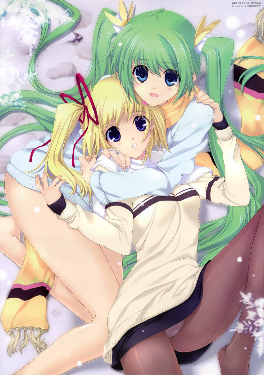 2girls absurdres bare_legs black_legwear blonde_hair blue_eyes bow crotch_seam dress green_hair hair_ribbon highres iizuki_tasuku lemon-chan long_hair looking_at_viewer lying mascot melon-chan melonbooks multiple_girls on_back panties panties_under_pantyhose pantyhose pantyshot photoshop_(medium) ribbon scarf smile snow snowflakes sweater sweater_dress twintails underwear very_long_hair white_panties yellow_bow yellow_scarf