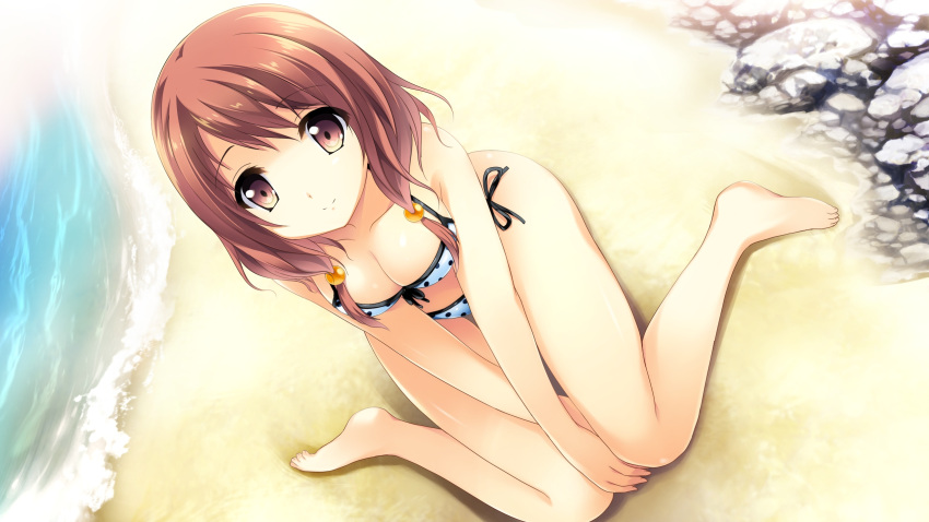 beach bikini breasts brown_eyes brown_hair cleavage female game_cg highres himegi_hotaru kono_oozora_ni_tsubasa_wo_hirogete looking_at_viewer low_twintails medium_breasts motoi_ayumu polka_dot polka_dot_bikini polka_dot_swimsuit sitting smile swimsuit twintails wariza