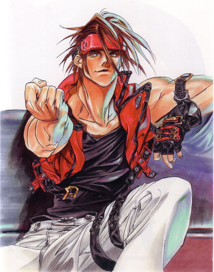 1boy arc_system_works brown_hair clenched_hand couch fist guilty_gear guilty_gear_x guilty_gear_xx headband highres ishiwatari_daisuke male male_focus sitting sol_badguy solo yellow_eyes