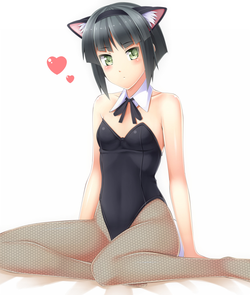 bad_id bad_pixiv_id black_hair detached_collar female fishnet_pantyhose fishnets green_eyes highres jikkyou_powerful_pro_yakyuu kittysuit komimiyako leotard nontraditional_playboy_bunny pantyhose power_pro_kun_pocket power_pro_kun_pocket_7 ribbon serizawa_mao short_hair solo