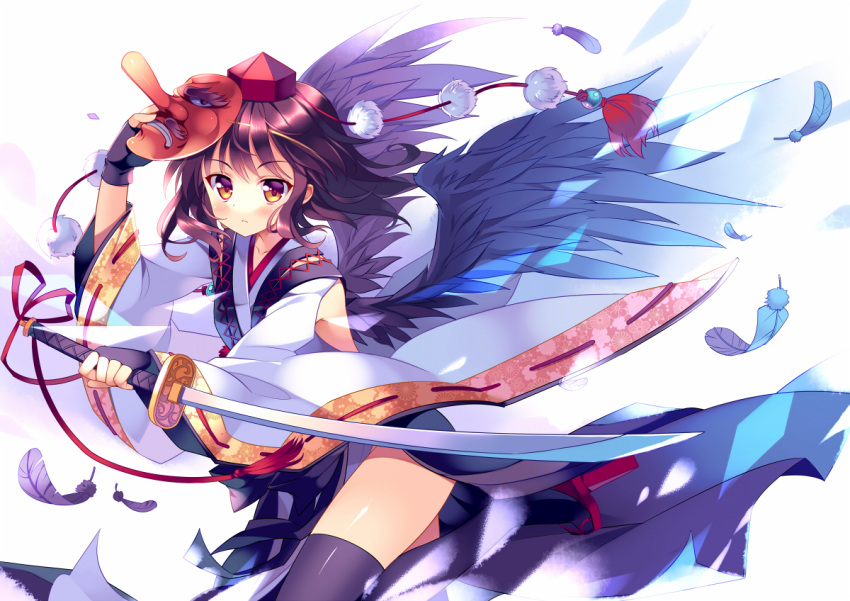 alternate_costume black_thighhighs brown_hair commentary_request feathers female fingerless_gloves gloves hat japanese_clothes katana kimono kourindou_tengu_costume looking_at_viewer mask revision rie_(reverie) shameimaru_aya short_hair solo sword tengu_mask thighhighs tokin_hat touhou weapon wings yellow_eyes