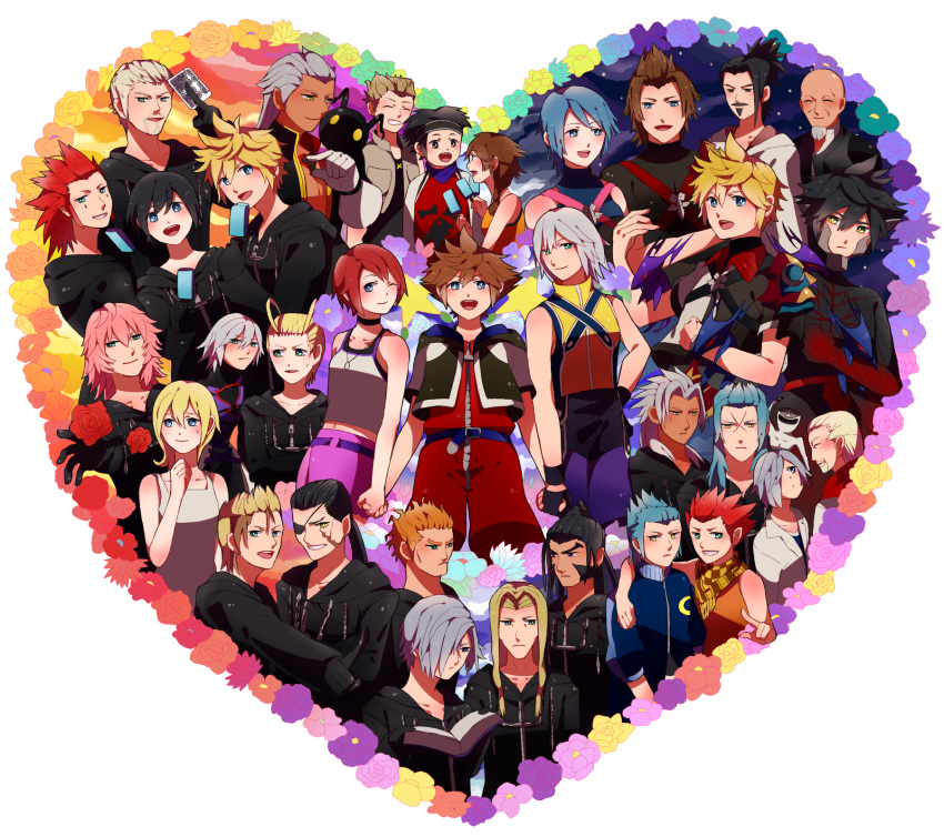 6+boys 6+girls ansem_seeker_of_darkness ansem_the_wise aqua_(kingdom_hearts) axel_(kingdom_hearts) bald beard black_coat_(kingdom_hearts) black_hair blonde_hair blue_hair book brown_hair card cloak closed_eyes commentary_request dark_skin demyx dual_persona dusk_(kingdom_hearts) earrings everyone eyepatch facial_hair facial_mark flood_(kingdom_hearts) flower food gloves green_eyes grey_hair hair_over_one_eye hayner heartless_(kingdom_hearts) highres holding_hands ice_cream ienzo isa_(kingdom_hearts) jewelry kairi_(kingdom_hearts) kingdom_hearts kingdom_hearts_358/2_days kingdom_hearts_birth_by_sleep larxene lea_(kingdom_hearts) lexaeus luxord marluxia master_eraqus master_xehanort multiple_boys multiple_girls namine nobody_(kingdom_hearts) olette one_eye_closed pence pink_hair pointy_ears ponytail purple_eyes red_hair riku_(kingdom_hearts) riku_replica roxas saix sana423 scar shadow_(kingdom_hearts) short_hair sora_(kingdom_hearts) spoilers terra_(kingdom_hearts) unversed vanitas_(kingdom_hearts) ventus_(kingdom_hearts) vexen xaldin xemnas xigbar xion_(kingdom_hearts) yellow_eyes zexion