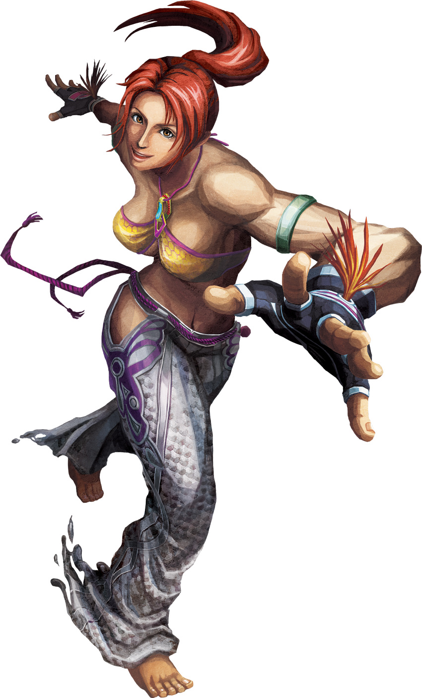 absurdres armband barefoot brazilian breasts brown_hair christie_monteiro feet female fingerless_gloves gloves highres namco official_art ponytail soles solo street_fighter street_fighter_x_tekken tekken