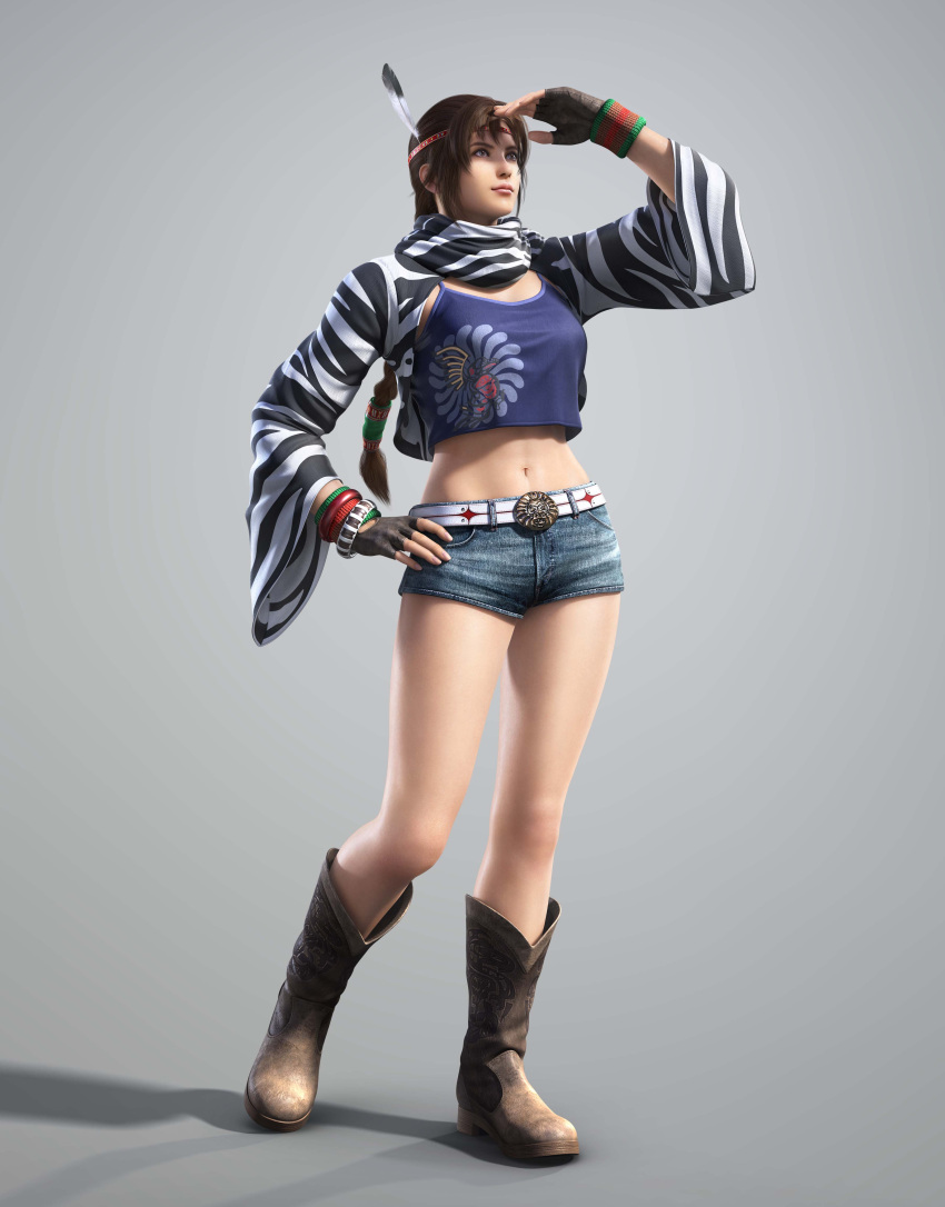 3d absurdres alternate_costume animal_print arm_up black_gloves blue_camisole blue_shorts boots bracelet braid breasts brown_eyes brown_footwear brown_hair camisole cowboy_boots crop_top denim denim_shorts female fingerless_gloves full_body gloves grey_background grey_shorts hand_on_own_hip headdress highres jacket jewelry knee_boots long_hair long_sleeves medium_breasts michelle_chang midriff native_american native_american_headdress navel official_art open_clothes open_jacket photoshop_(medium) scarf shading_eyes shirt short_shorts shorts shrug_(clothing) solo spaghetti_strap taut_clothes taut_shirt tekken tekken_tag_tournament_2 zebra_print