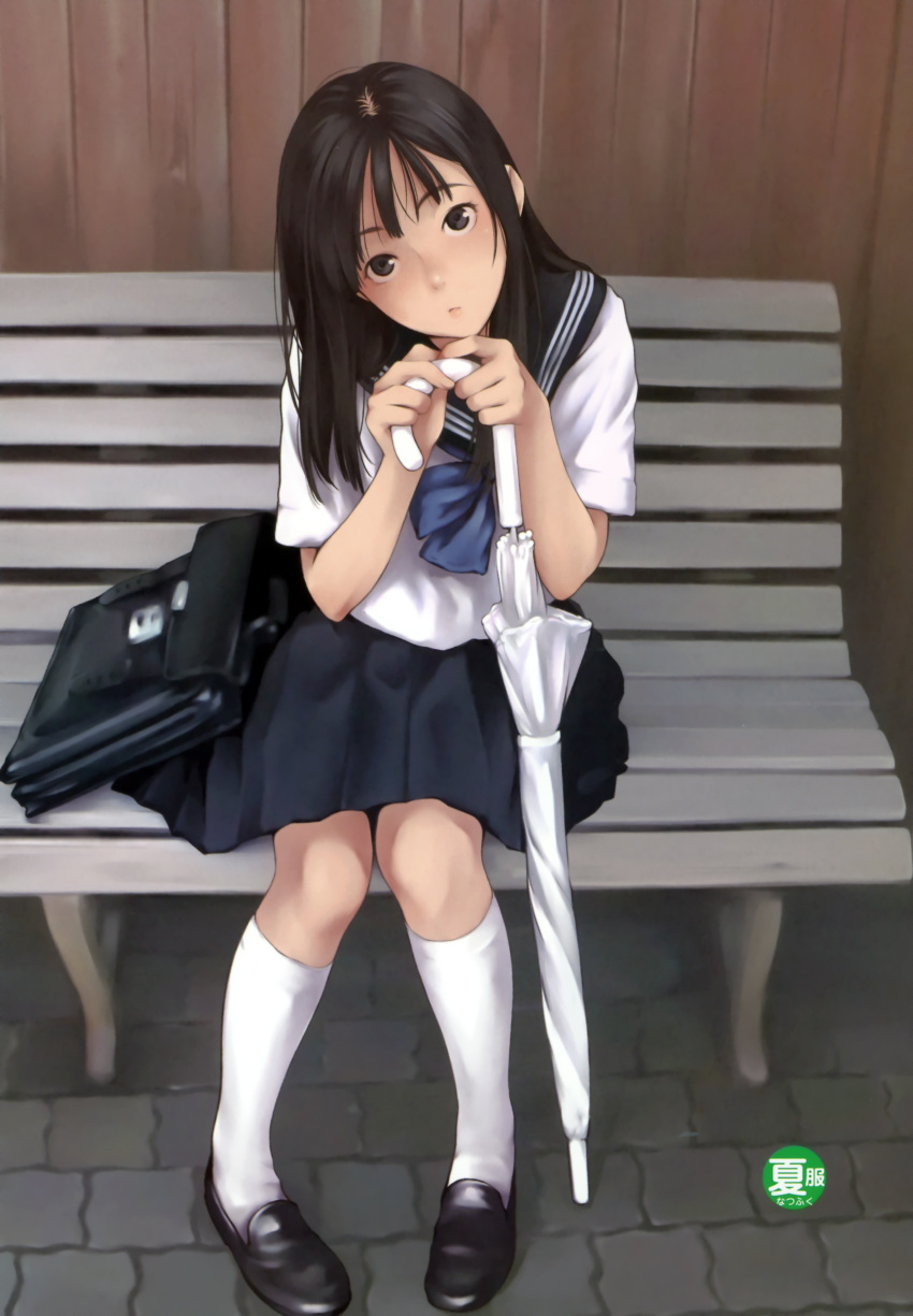 absurdres bag bench black_eyes black_footwear black_hair black_sailor_collar black_skirt blue_bow bow briefcase closed_mouth closed_umbrella female full_body furigana head_tilt highres kamo_(gafas) kneehighs knees_together_feet_apart loafers long_hair looking_at_viewer on_bench original pavement photoshop_(medium) pleated_skirt sailor_collar sanpaku school_briefcase school_uniform serafuku shirt shoes short_sleeves sitting skirt socks solo summer_uniform translated umbrella white_shirt white_socks white_umbrella