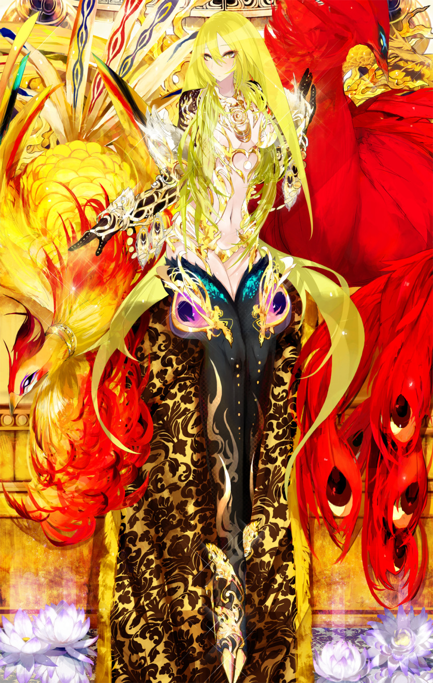 bird blonde_hair brws commentary_request female flower gloves highres long_hair lotus original phoenix sitting thighhighs yellow_eyes