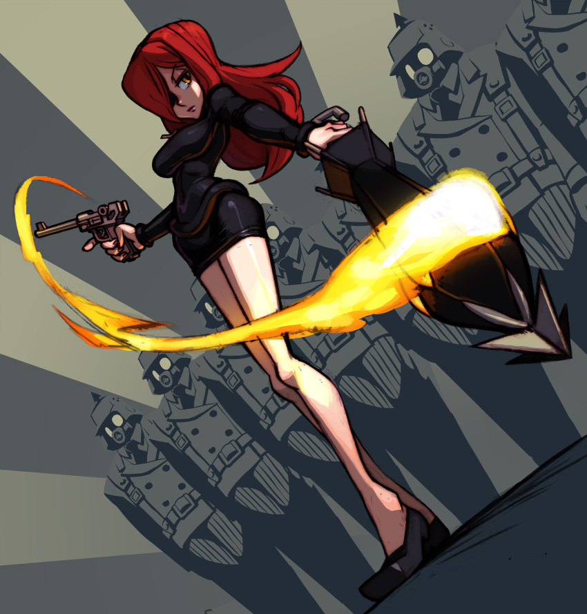 absurdres alex_ahad bare_legs black_egrets black_umbrella breasts closed_umbrella dutch_angle female gun hair_over_one_eye handgun highres krieg_(skullgirls) legs long_hair luger_p08 medium_breasts miniskirt official_art parasoul_(skullgirls) photoshop_(medium) red_hair skirt skullgirls soldier sweater umbrella weapon yellow_eyes