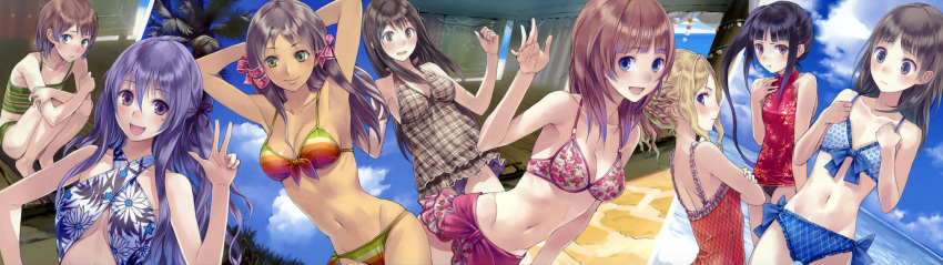 6+girls :d :t absurdres arched_back armpits arms_up atelier_(series) atelier_rorona atelier_totori bare_shoulders bikini bikini_skirt black_hair blonde_hair blue_bikini blue_eyes brown_hair casual_one-piece_swimsuit cecilia_helmold collage criss-cross_halter crossed_arms cuderia_von_feuerbach dark-skinned_female dark_skin filly_erhard flat_chest floral_print front-tie_top game_cg green_eyes hair_ornament hair_ribbon hairpin halterneck highres kishida_mel knees_to_chest long_hair looking_at_viewer mervia_siebel mimi_houllier_von_schwarzlang mole multicolored_bikini multicolored_clothes multicolored_stripes multiple_girls navel official_art one-piece_swimsuit open_mouth pamela_ibiss photoshop_(medium) plaid plaid_swimsuit print_bikini purple_eyes purple_hair ribbon rororina_fryxell short_hair side-tie_bikini_bottom side_ponytail sitting smile striped sweatdrop swimsuit totooria_helmold tress_ribbon upper_body v