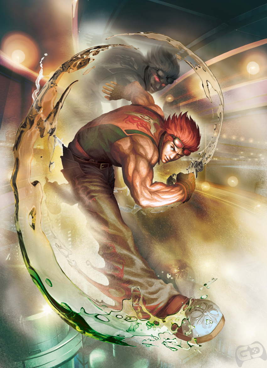 absurdres belt boots fingerless_gloves frown gloves goggles highres hwoarang leather male male_focus muscle namco official_art red_hair simple_background sleeveless street_fighter street_fighter_x_tekken tekken vest