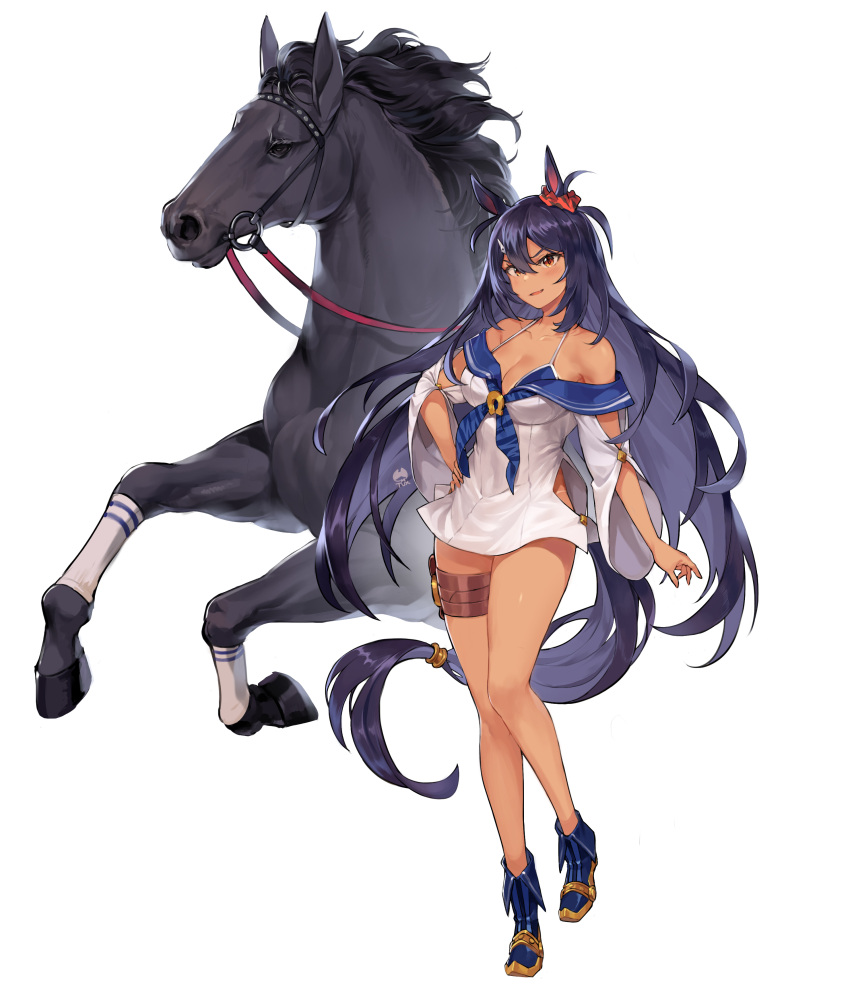 absurdres animal animal_ears bare_shoulders black_hair blue_footwear breasts brown_eyes cleavage creature_and_personification dark-skinned_female dark_skin female hair_ornament hairclip hand_on_own_hip highres hishi_amazon_(racehorse) hishi_amazon_(umamusume) horse horse_ears horse_girl horse_tail long_hair looking_at_viewer medium_breasts name_connection real_life sailor_collar scrunchie tail thigh_strap tuxedo_de_cat umamusume very_long_hair