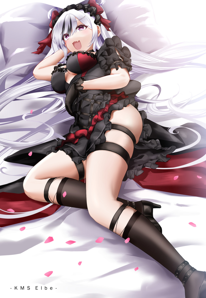 absurdly_long_hair azur_lane black_dress black_footwear black_gloves black_socks breasts character_name dress elbe_(azur_lane) elbe_(time_to_show_off?)_(azur_lane) female frilled_dress frilled_hairband frills full_body gloves hairband heart heart-shaped_pupils high_heels highres long_hair lying medium_breasts oerba_yun_fang official_alternate_costume on_side open_mouth purple_eyes red_ribbon ribbon skin_fang skindentation socks solo symbol-shaped_pupils thigh_strap underboob very_long_hair white_hair winterfall_(artenh)