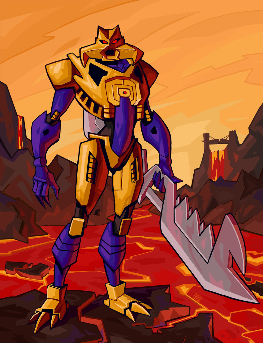 3_toes 5_fingers armor bionicle biped bladed_weapon blue_body brutaka claws detailed_background digital_drawing_(artwork) digital_media_(artwork) feet fingers fusilli gold_body hi_res holding_object humanoid lava lava_pool lavafall lego living_machine looking_at_viewer machine male mask melee_weapon multicolored_body not_furry outside red_eyes robot simple_background sky solo standing sword toe_claws toes volcano weapon