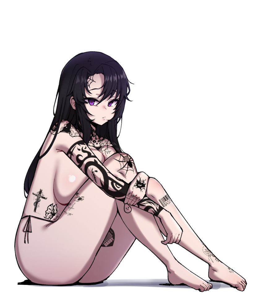 arm_tattoo barcode barcode_tattoo barefoot black_hair breasts butterfly_tattoo chest_tattoo closed_mouth commentary commission cross_tattoo female foot_tattoo gyu_(kgh9081) highres hugging_own_legs kim_joo-joo large_breasts leg_tattoo long_hair looking_at_viewer original panties purple_eyes shoulder_tattoo side-tie_panties sideboob simple_background sitting solo spider_tattoo spider_web_tattoo tattoo topless underwear white_background