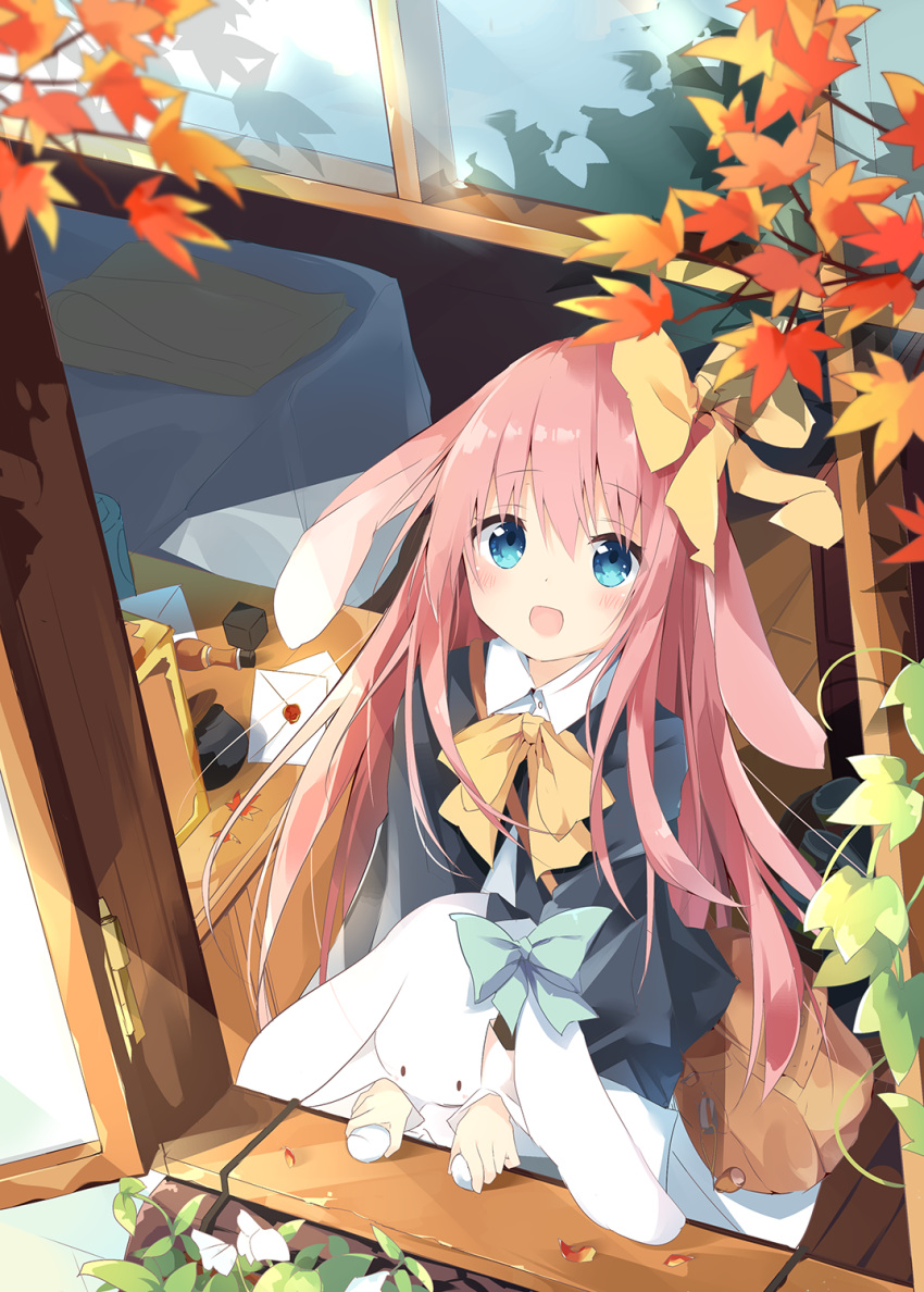 :d animal_ears bag black_jacket blue_eyes blush bow bunny_ears_girl_(kushida_you) collared_dress commentary_request dress envelope female green_bow hair_between_eyes highres holding holding_stuffed_toy indoors jacket kushida_you long_hair long_sleeves open_mouth open_window original pink_hair puffy_long_sleeves puffy_sleeves rabbit_ears shoulder_bag sleeves_past_wrists smile solo stuffed_animal stuffed_rabbit stuffed_toy very_long_hair white_dress window yellow_bow