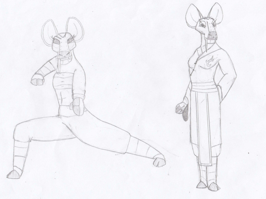 4:3 abs anthro asian_clothing cervine chest_wraps chinese_clothing clothed clothing deer dreamworks east_asian_clothing female fighting_pose graphite_(artwork) hand_behind_head hanfu hi_res jade_tusk kung_fu_panda mammal pencil_(artwork) pose puttee smile solo traditional_media_(artwork) unclesam1976 water_deer wraps wrist_wraps