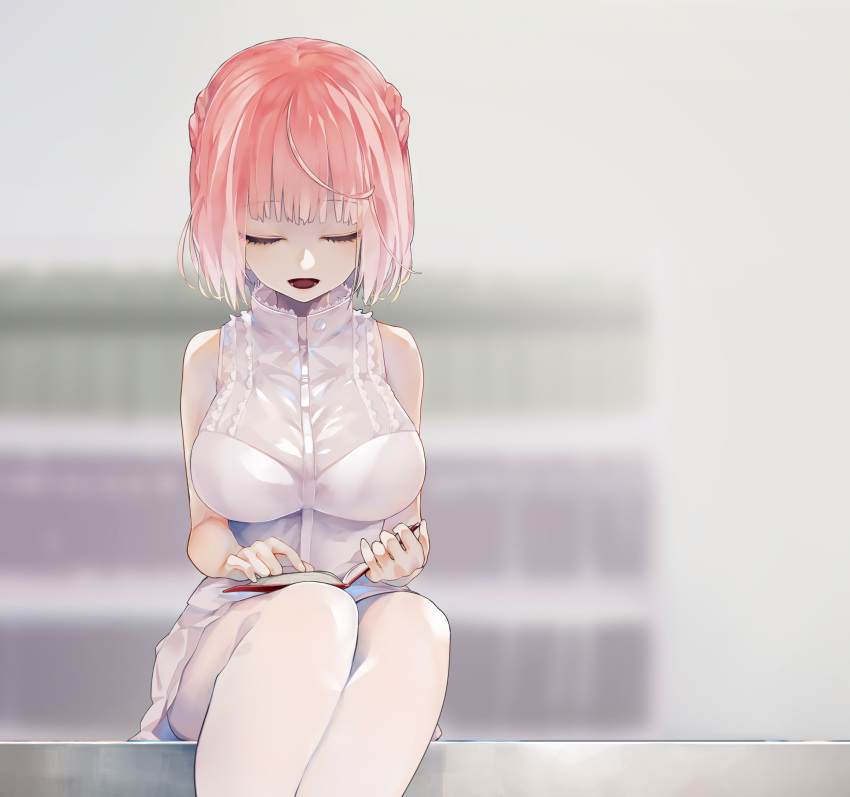 blurry blurry_background book breasts closed_eyes dress feet_out_of_frame female highres kingyozaka_meiro large_breasts nijisanji open_book open_mouth pink_hair short_hair sitting sleeveless sleeveless_dress smile solo susumu virtual_youtuber white_dress