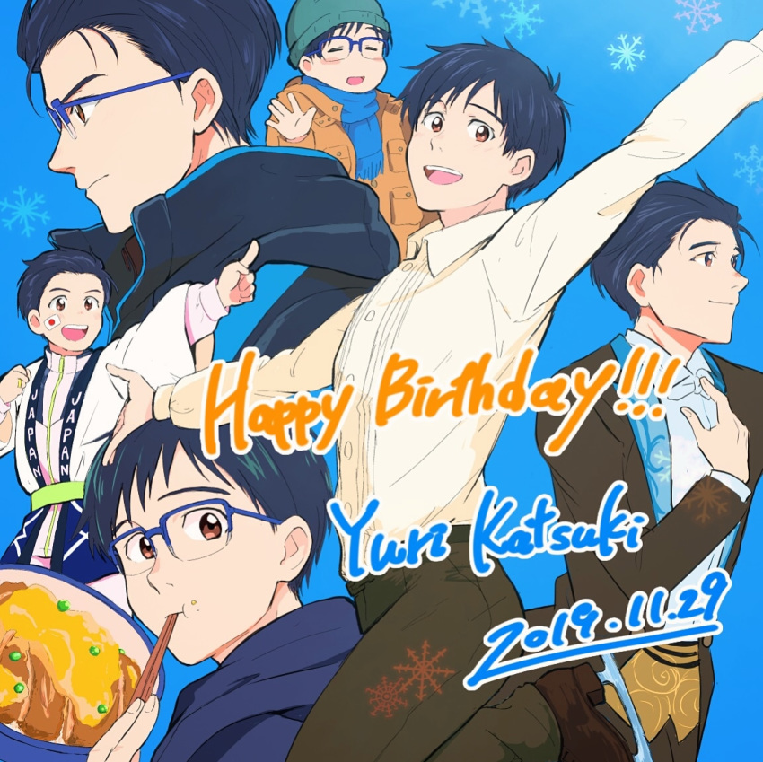 1boy 2019 :d black_hair blazer blue-framed_eyewear blue_background bow bowtie brown_eyes chopsticks chopsticks_in_mouth coat collared_shirt commentary_request dated eating food formal glasses happy_birthday hat ice_skates jacket jewelry katsudon_(food) katsuki_yuuri male_focus open_mouth pointing ring scarf shirt skates smile snowflakes standing standing_on_one_leg suit takeshi_(mononohu20) yuri!!!_on_ice