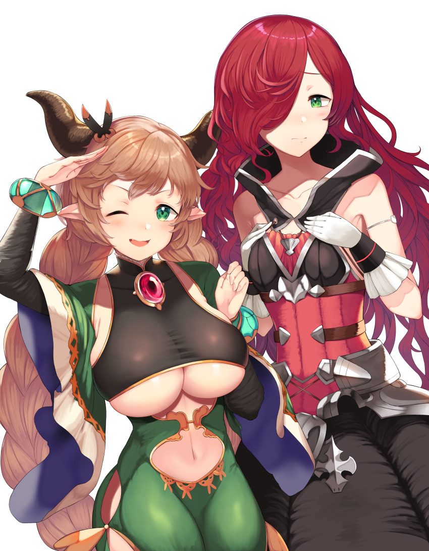 2girls :> absurdres anna_(granblue_fantasy) arm_up bare_arms black_pants bodysuit bracelet braid breasts brooch carmelina_(granblue_fantasy) clothing_cutout commentary_request draph gloves gold_trim granblue_fantasy green_eyes hair_over_one_eye hands_on_own_chest highres horns jewelry large_breasts light_brown_hair long_hair long_sleeves looking_at_another looking_at_viewer multiple_girls navel navel_cutout one_eye_closed open_mouth pants pointy_ears red_shirt salute shirt side_cutout simple_background small_breasts smile swept_bangs twin_braids underboob underboob_cutout very_long_hair white_background white_gloves wide_sleeves yamato_(muchuu_paradigm)