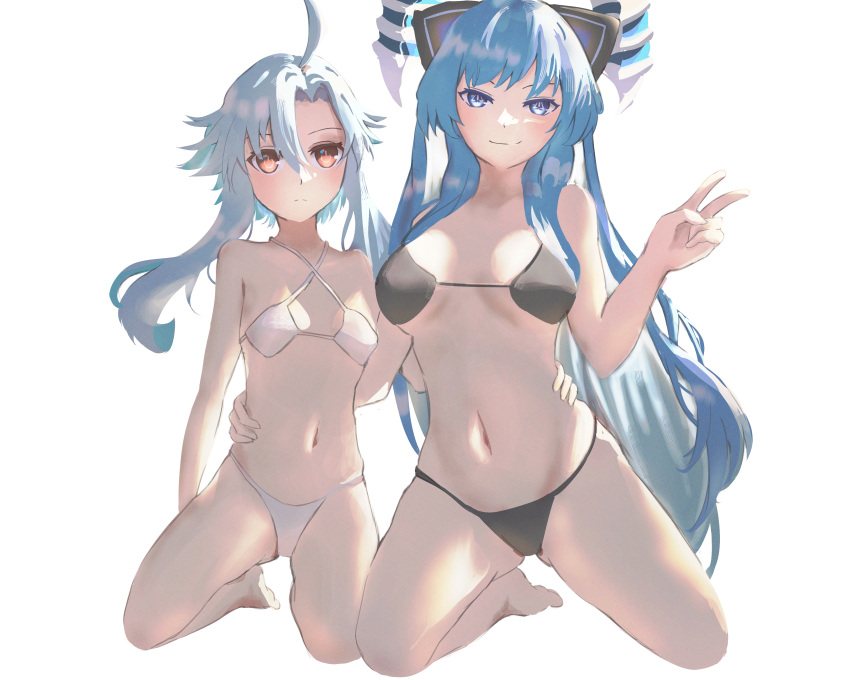 2girls absurdres ahoge ass_visible_through_thighs bikini black_bikini blue_eyes blue_hair breasts breasts_apart closed_mouth collarbone commission commissioner_upload expressionless flat_chest full_body hair_between_eyes hand_on_another's_waist highres hikaru_aruka horns kiseijou_rei_(goddess_form) kneeling large_breasts light_blue_hair long_hair looking_at_viewer multiple_girls navel neptune_(series) non-web_source power_symbol power_symbol-shaped_pupils red_eyes short_hair_with_long_locks sidelocks sign smile stomach swimsuit symbol-shaped_pupils transparent_background v very_long_hair warning_sign white_bikini white_heart_(neptunia)