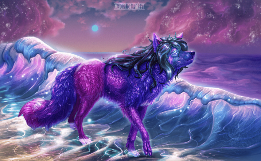 artist_name beach big_tail bioluminescence black_hair blue_theme canid canine claws cloud cool_colors cosmic cosmic_background cosmic_fur digitigrade female feral feral_with_hair flowing_hair fluffy fluffy_tail fox fur glowing glowing_eyes hair hi_res long_fur long_hair long_tail looking_ahead looking_up mammal medium_snout melodyofforest paws pose purple_theme sea seaside smile snout solo surreal tail walking water wave