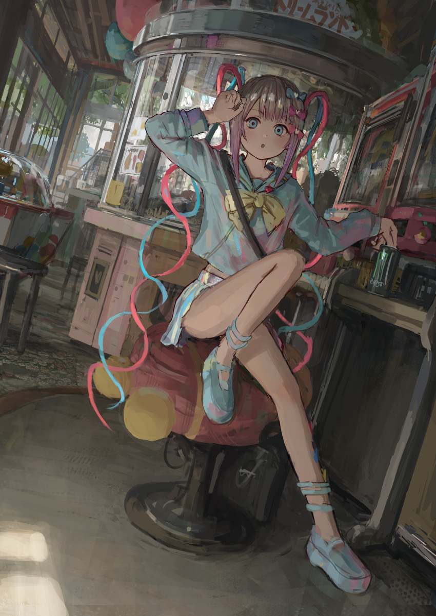 absurdres aqua_eyes aqua_footwear aqua_shirt arcade arm_up bangle blue_serafuku blush bow bowtie bracelet can chouzetsusaikawa_tenshi-chan dutch_angle female full_body highres indoors jewelry long_sleeves monster_energy needy_girl_overdose parted_lips quad_tails sailor_collar school_uniform serafuku shion_(mirudakemann) shirt shoes sidelocks sitting solo stool window yellow_bow yellow_bowtie