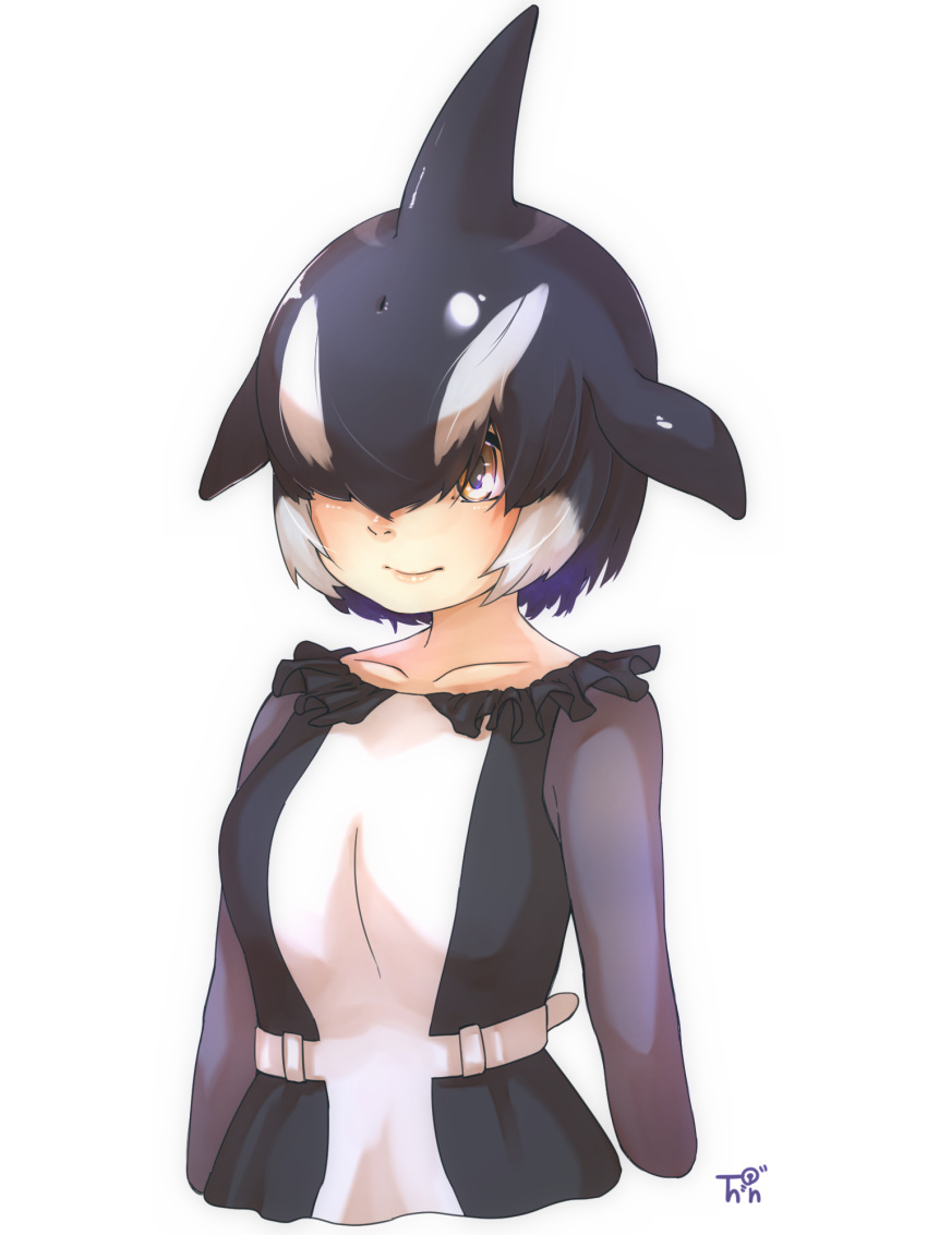 arms_at_sides artist_logo belt black_hair blowhole brown_eyes closed_mouth collarbone commentary cropped_arms cropped_torso dorsal_fin dress female fins frills grey_hair hair_over_one_eye head_fins highres kemono_friends long_sleeves multicolored_hair orca_(kemono_friends) parted_bangs purple_hair short_hair simple_background smile solo thin_(suzuneya) upper_body white_background