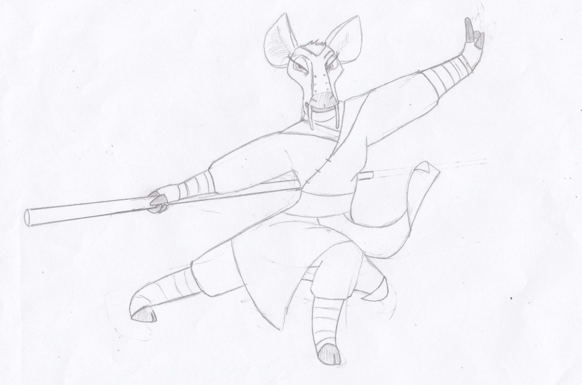 anthro asian_clothing cervine chinese_clothing clothed clothing deer dreamworks east_asian_clothing fan_character female fighting_pose graphite_(artwork) hanfu haoxin_(unclesamtheman) hi_res kung_fu_panda mammal pencil_(artwork) pose puttee solo staff traditional_media_(artwork) unclesam1976 water_deer wraps wrist_wraps