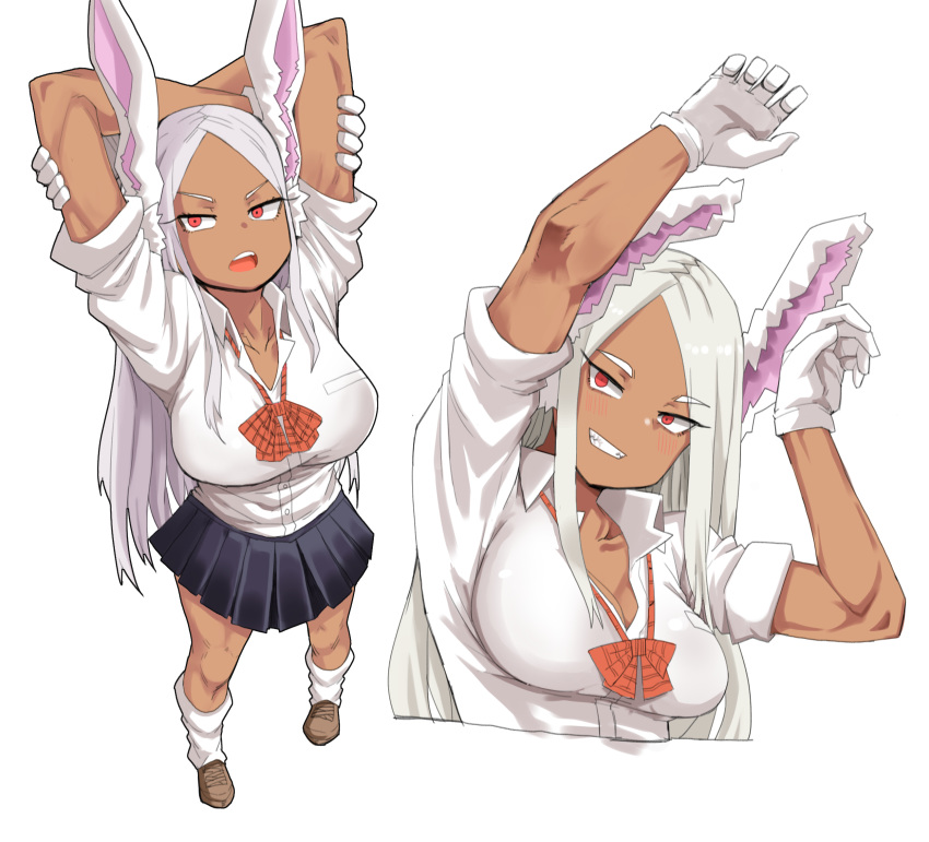 animal_ears arms_up black_skirt blush boku_no_hero_academia breasts brown_footwear cleavage collarbone collared_shirt commentary dark-skinned_female dark_skin dress_shirt female from_above full_body gloves grin gyaru hands_up highres kogal large_breasts long_hair looking_at_viewer mipoog mirko multiple_views open_mouth pleated_skirt rabbit_ears red_eyes school_uniform shirt shoes short_sleeves simple_background skirt smile socks standing stretching teeth white_background white_gloves white_hair white_shirt white_socks