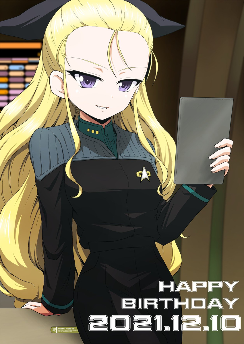 assam_(girls_und_panzer) birthday black_jumpsuit black_ribbon blonde_hair blue_eyes commentary_request commission cosplay crossover english_text female girls_und_panzer hair_pulled_back hair_ribbon happy_birthday highres holding indoors jumpsuit kamishima_kanon lcars long_hair long_sleeves looking_at_viewer parted_lips partial_commentary ribbon skeb_commission smile solo standing star_trek starfleet_uniform uniform