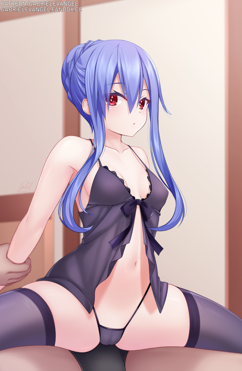 1boy arm_grab artist_name babydoll black_thighhighs blue_hair breasts cowgirl_position cowgirl_position effole_(fairy_fencer_f) fairy_fencer_f fanbox_username female gabriel_evangel highres looking_at_viewer navel patreon_username red_eyes reverse_cowgirl_position ribbon small_breasts split spread_legs straddling straight thighhighs web_address