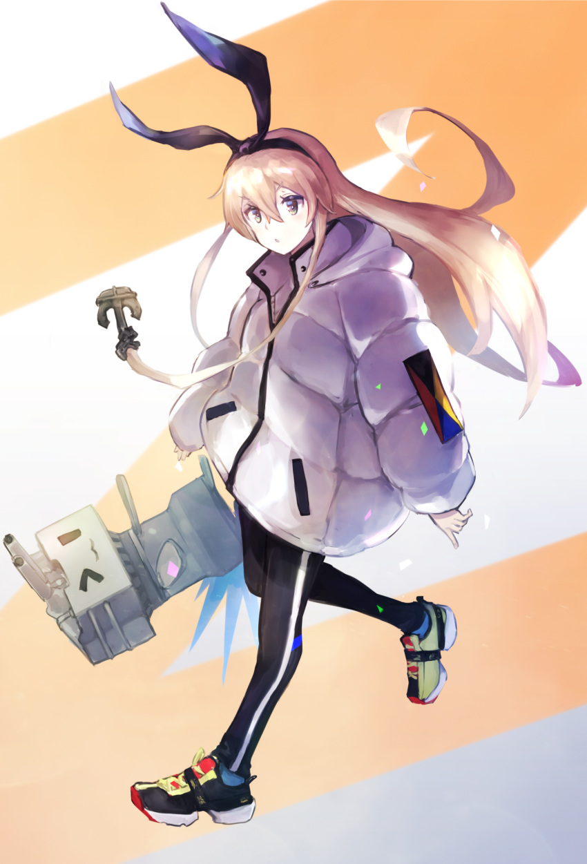 alternate_costume anchor_hair_ornament bad_id bad_pixiv_id black_pants blonde_hair coat commentary_request female full_body grey_eyes hair_between_eyes hair_ornament hairband highres kantai_collection long_hair long_sleeves looking_at_viewer open_mouth pants partial_commentary rensouhou-chan shimakaze_(kancolle) shoes smile sneakers track_pants weasel_(close-to-the-edge) white_coat winter_clothes winter_coat