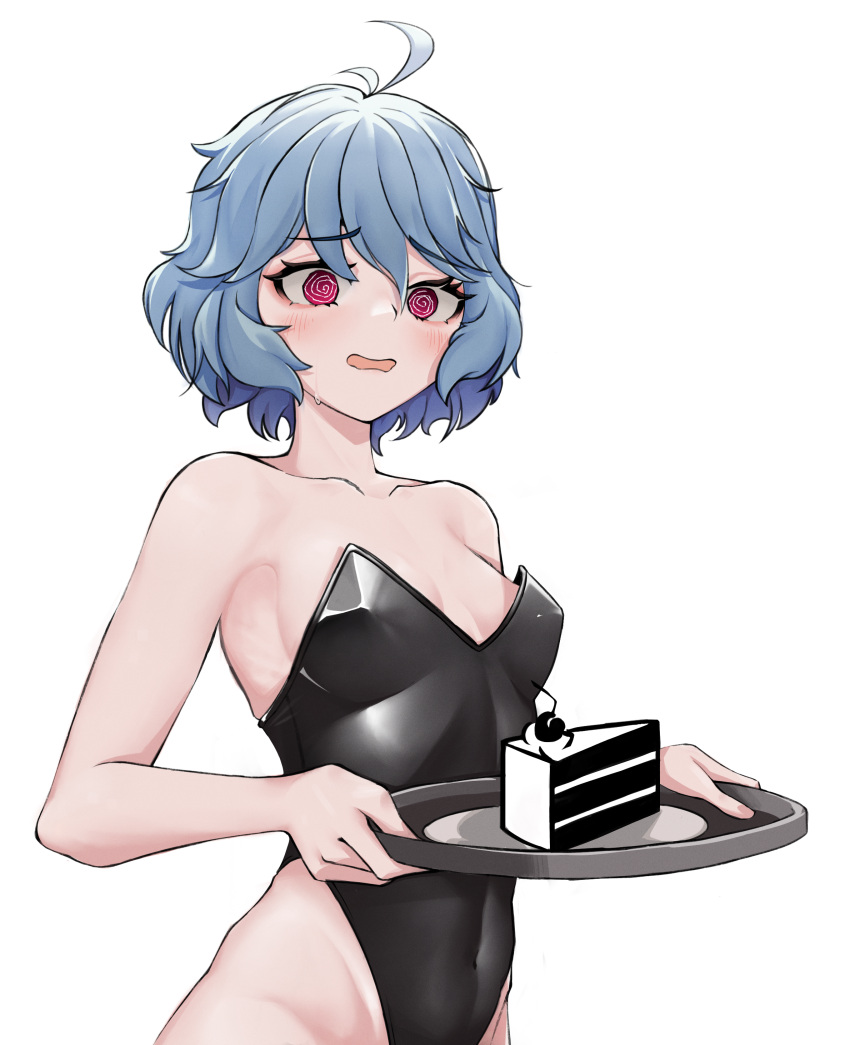 @_@ absurdres ahoge alternate_costume bare_shoulders black_leotard blue_hair blush breasts cake collarbone covered_navel female food grim_reaper_hana guardian_tales hair_between_eyes highleg highleg_leotard highres holding holding_plate jameson korean_commentary leotard looking_at_viewer medium_hair no_bra open_mouth oversized_breast_cup plate portal_(series) portal_1 red_eyes short_hair simple_background small_breasts solo strapless strapless_leotard sweatdrop upper_body white_background